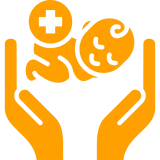 Hands cradling baby with medical symbol.