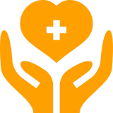 Hands holding heart with medical cross.