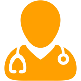 Orange doctor icon with stethoscope on black.
