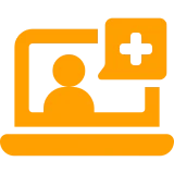 Person on laptop with medical symbol.